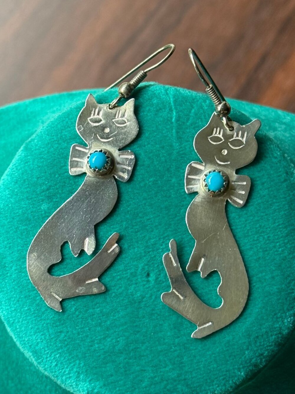 Artisan Vintage Silver Tone and Faux Turquoise Cat Earrings